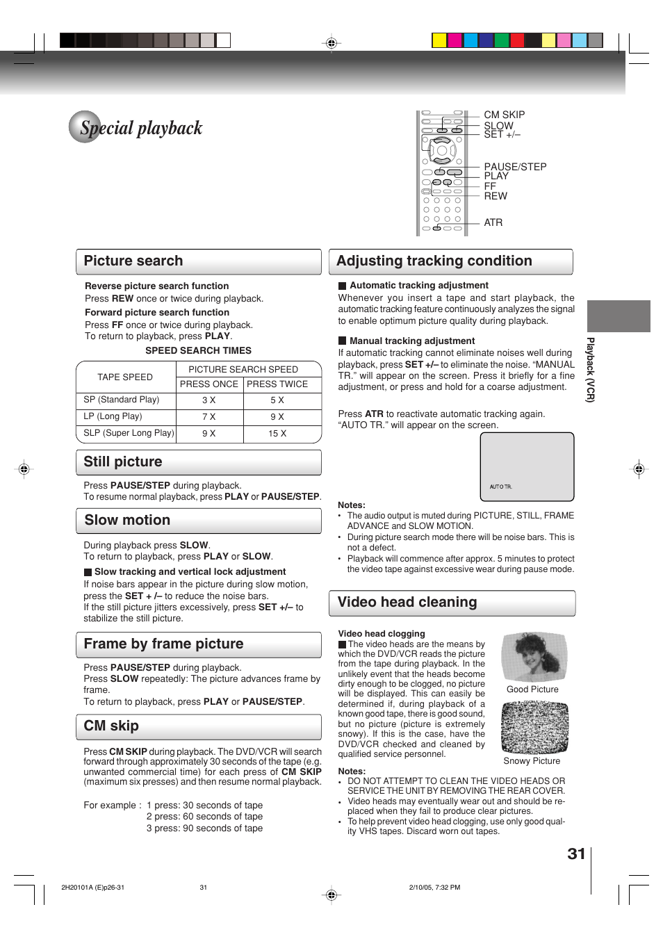 Special playback, Picture search, Video head cleaning | Cm skip | Toshiba CASSETTE RECORDER SD-V393SU User Manual | Page 31 / 68