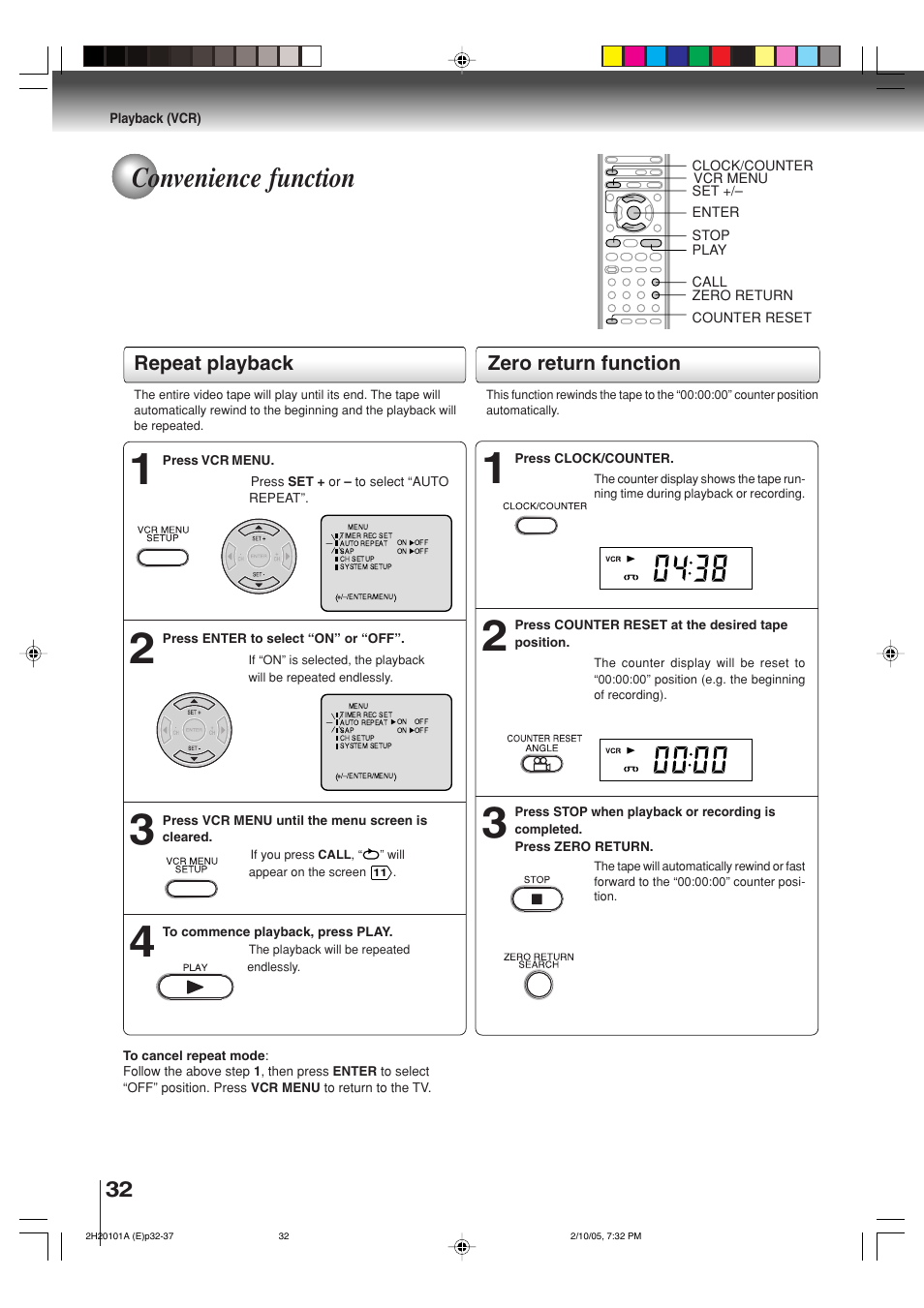 Convenience function, Repeat playback, Zero return function | Toshiba CASSETTE RECORDER SD-V393SU User Manual | Page 32 / 68