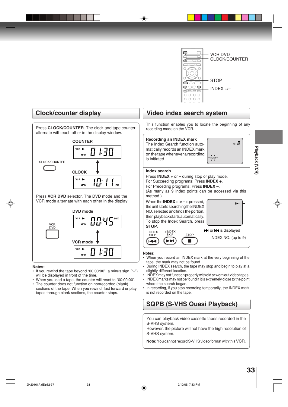 Sqpb (s-vhs quasi playback), Video index search system, Clock/counter display | Toshiba CASSETTE RECORDER SD-V393SU User Manual | Page 33 / 68