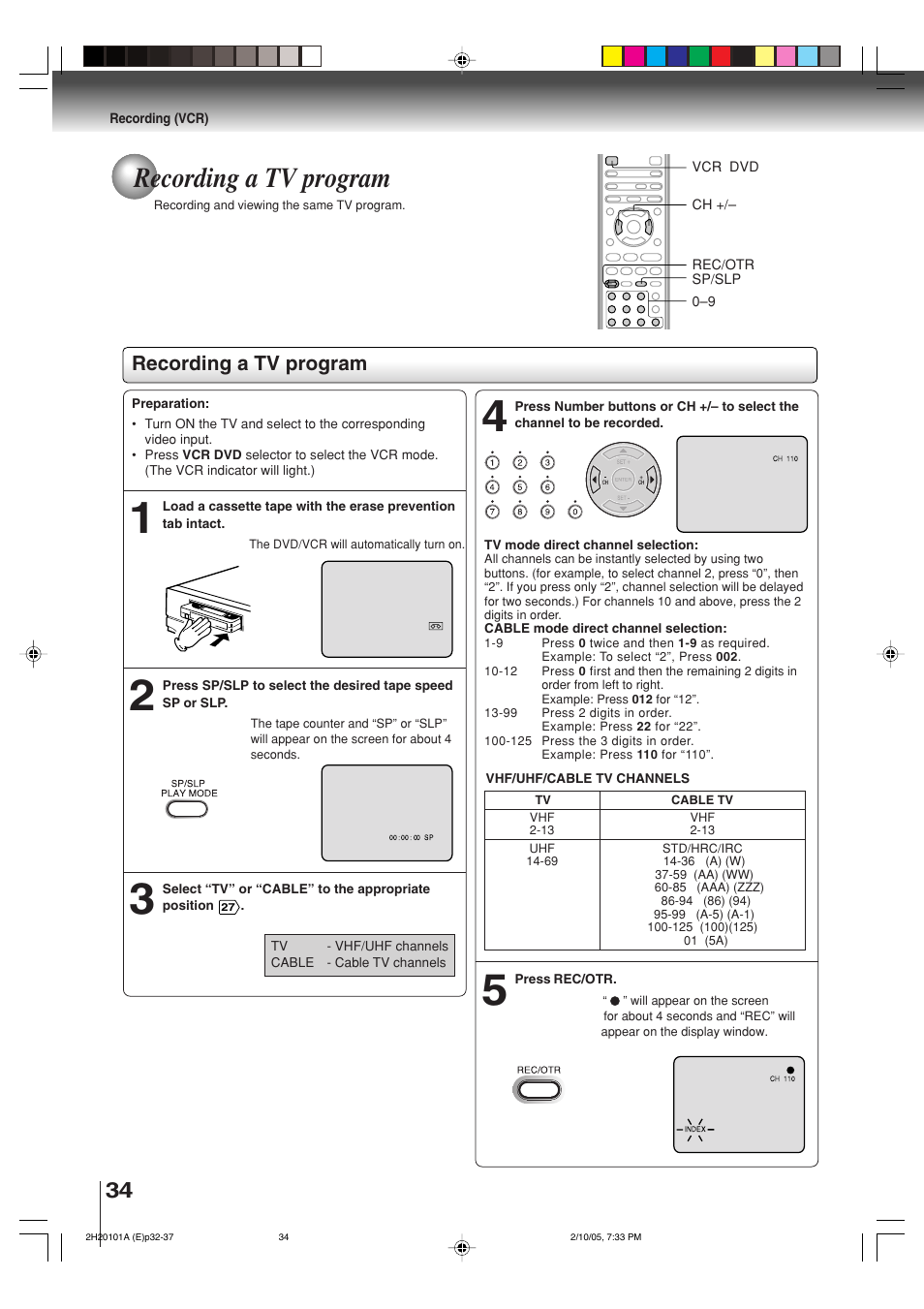 Recording a tv program | Toshiba CASSETTE RECORDER SD-V393SU User Manual | Page 34 / 68