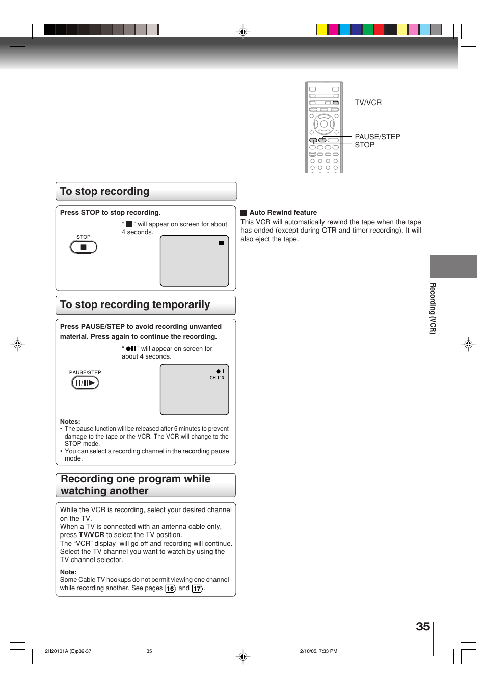 Recording one program while watching another | Toshiba CASSETTE RECORDER SD-V393SU User Manual | Page 35 / 68