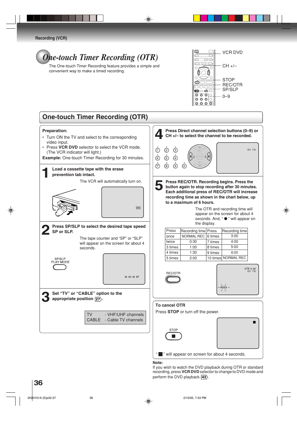 One-touch timer recording (otr) | Toshiba CASSETTE RECORDER SD-V393SU User Manual | Page 36 / 68