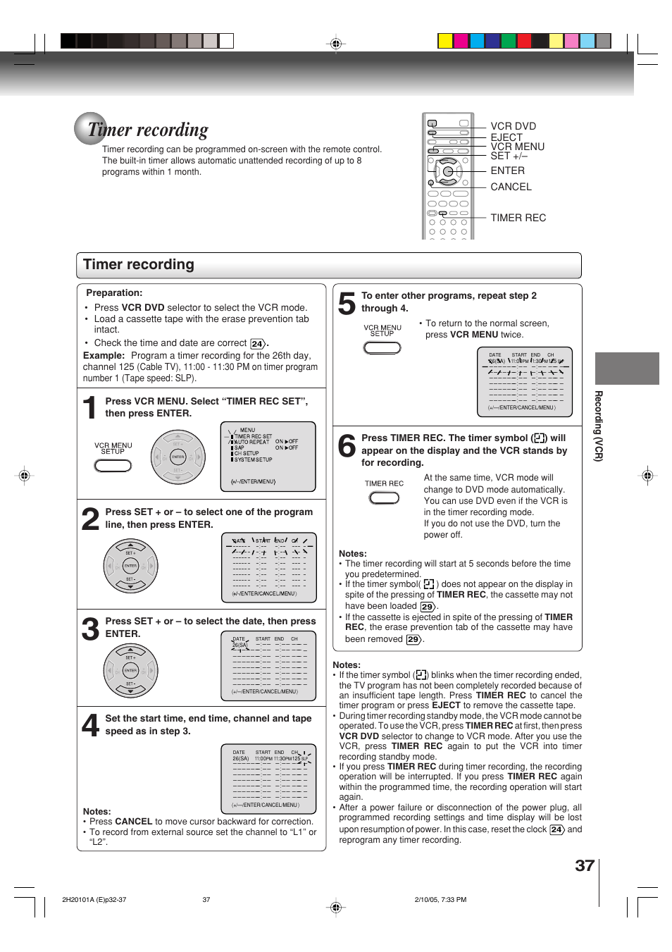 Timer recording | Toshiba CASSETTE RECORDER SD-V393SU User Manual | Page 37 / 68