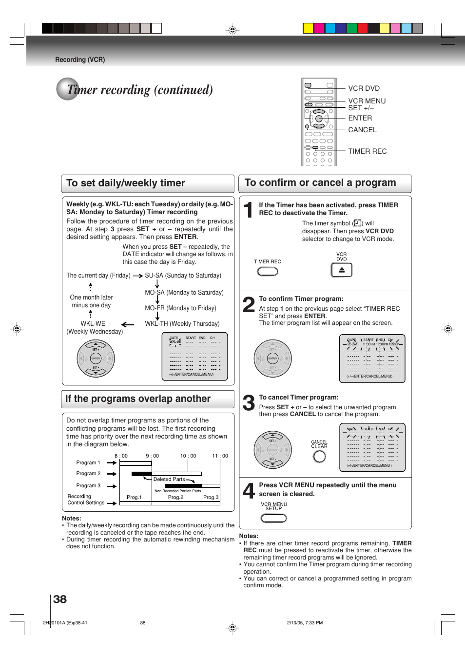 Timer recording (continued), Setting procedure to set daily/weekly timer, If the programs overlap another | Toshiba CASSETTE RECORDER SD-V393SU User Manual | Page 38 / 68