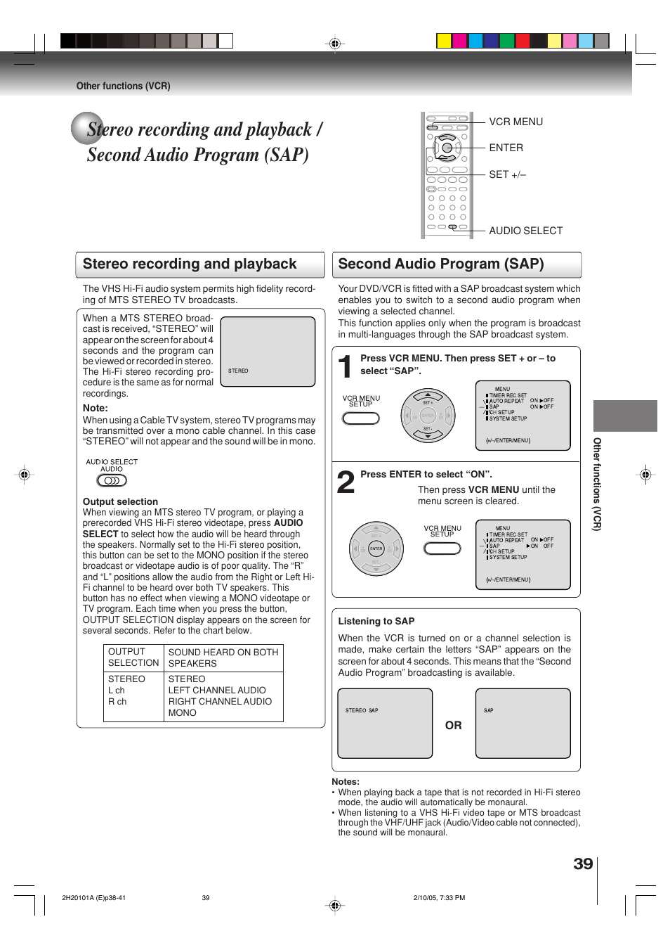 Stereo recording and playback, Second audio program (sap) | Toshiba CASSETTE RECORDER SD-V393SU User Manual | Page 39 / 68