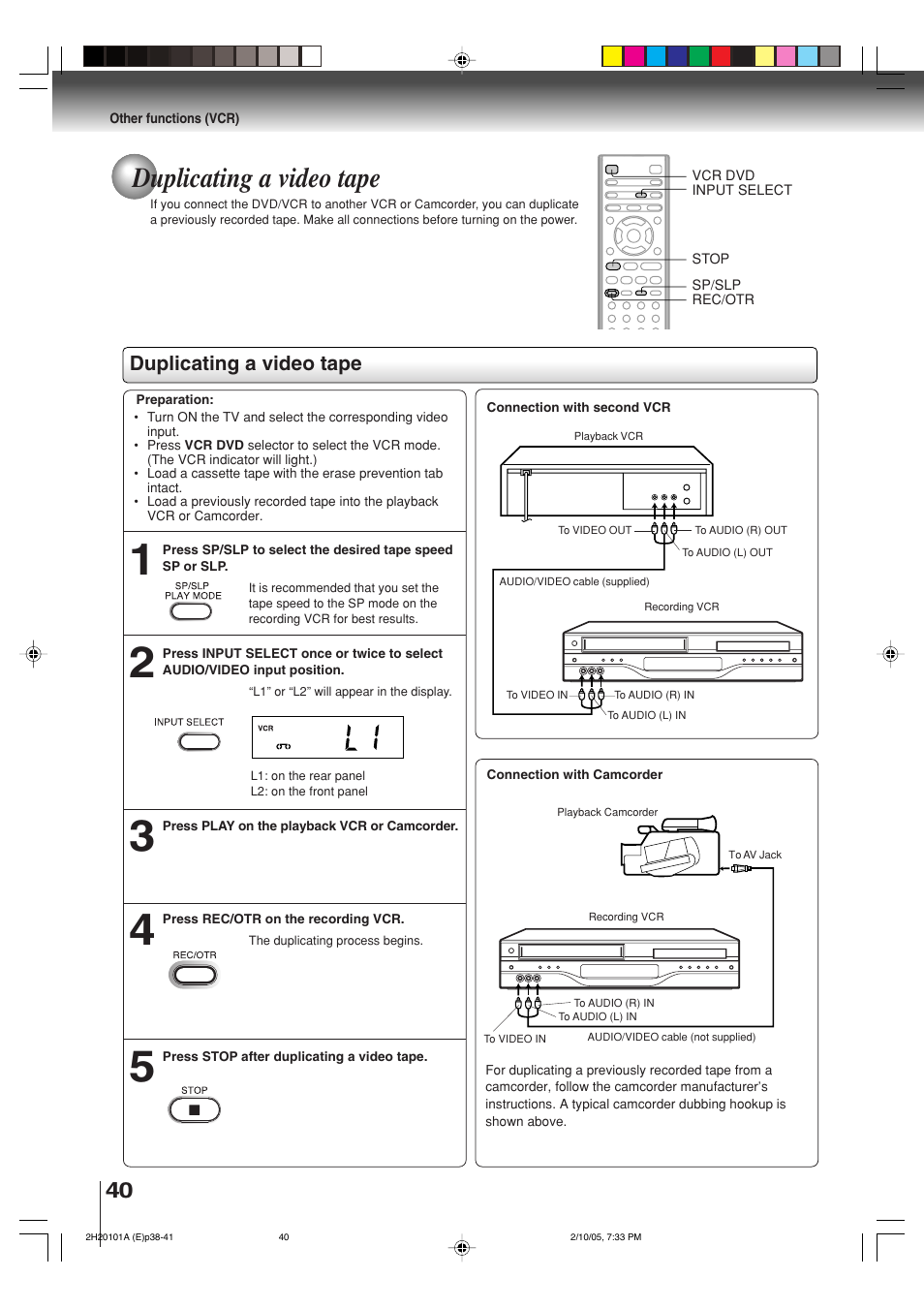 Duplicating a video tape | Toshiba CASSETTE RECORDER SD-V393SU User Manual | Page 40 / 68