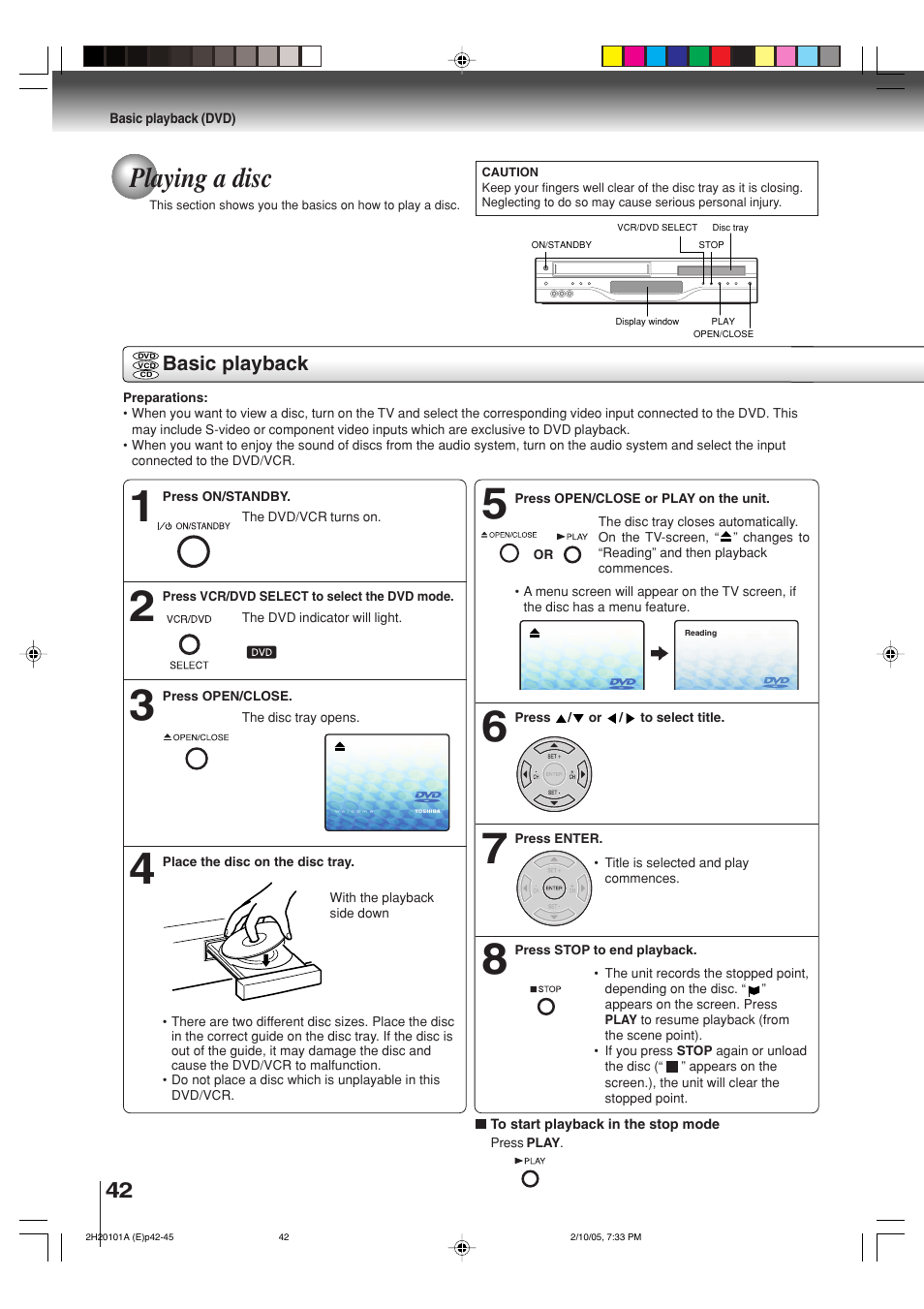 Playing a disc, Basic playback | Toshiba CASSETTE RECORDER SD-V393SU User Manual | Page 42 / 68