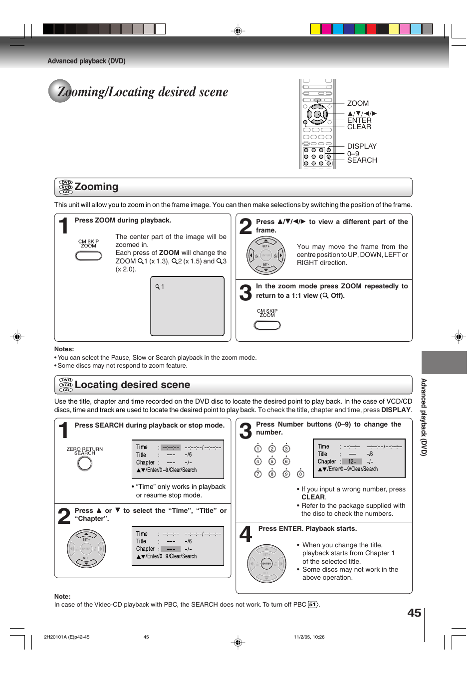 Zooming/locating desired scene, Zooming, Locating desired scene | Toshiba CASSETTE RECORDER SD-V393SU User Manual | Page 45 / 68