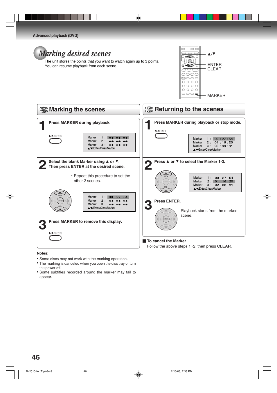 Marking desired scenes, Marking the scenes returning to the scenes | Toshiba CASSETTE RECORDER SD-V393SU User Manual | Page 46 / 68