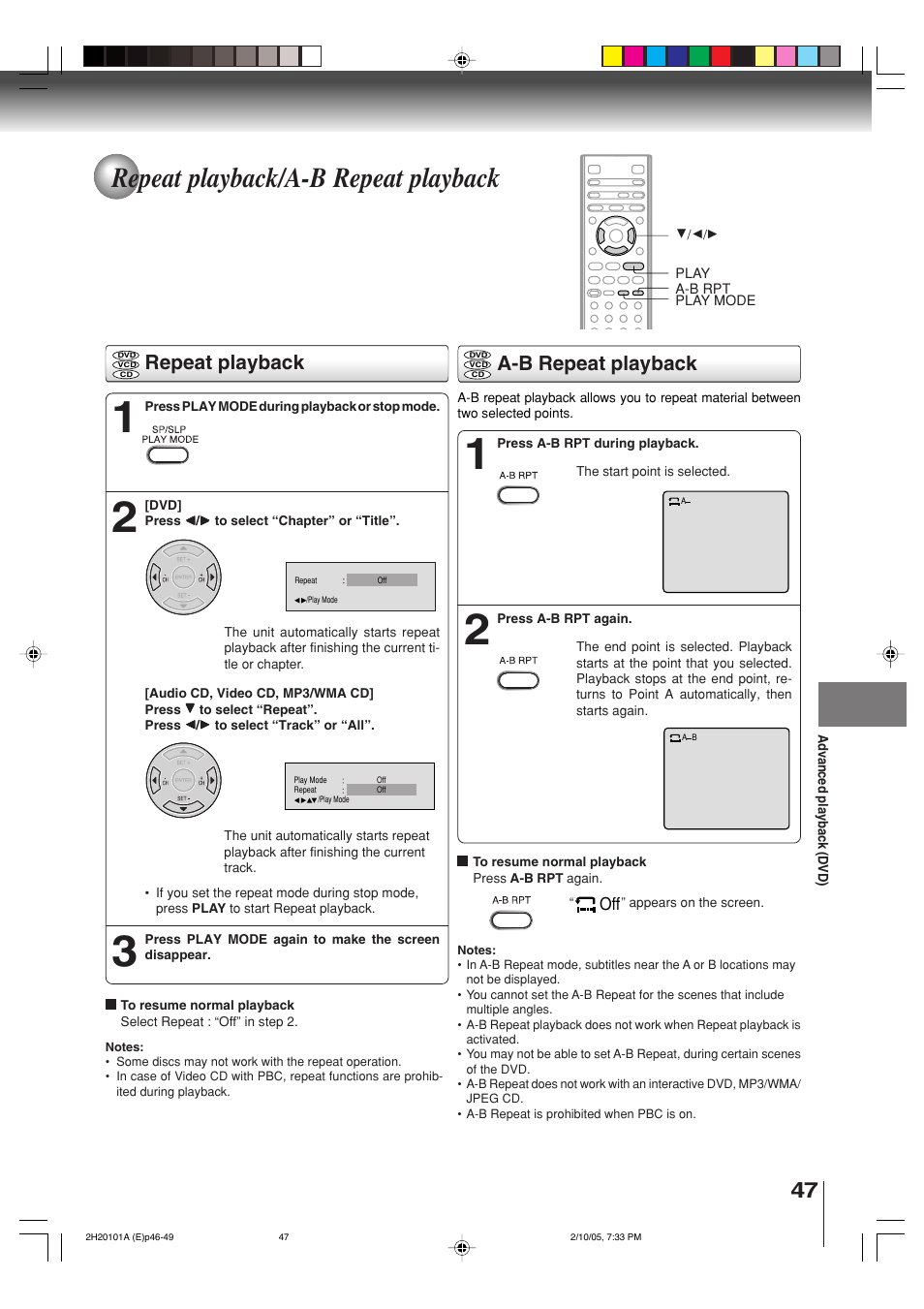 Repeat playback/a-b repeat playback, Repeat playback, A-b repeat playback | Toshiba CASSETTE RECORDER SD-V393SU User Manual | Page 47 / 68