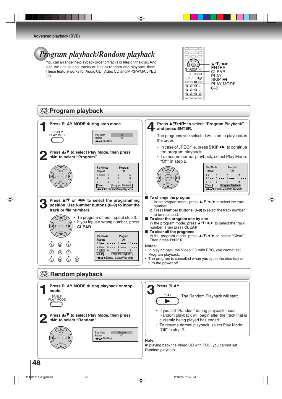 Program playback/random playback, Program playback, Random playback | Toshiba CASSETTE RECORDER SD-V393SU User Manual | Page 48 / 68