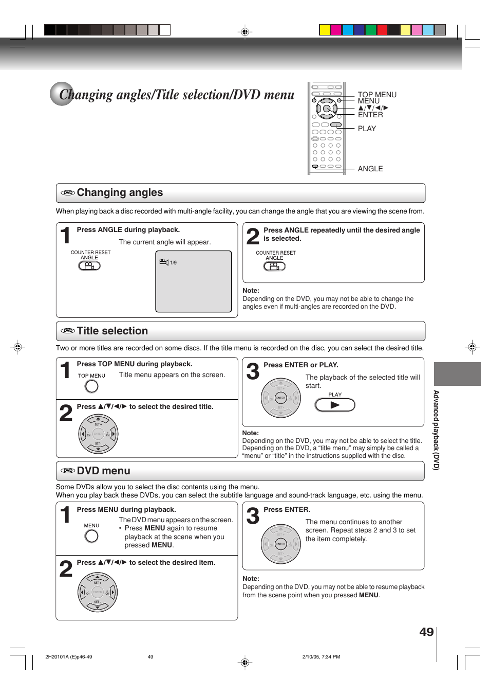 Changing angles/title selection/dvd menu, Changing angles title selection dvd menu | Toshiba CASSETTE RECORDER SD-V393SU User Manual | Page 49 / 68