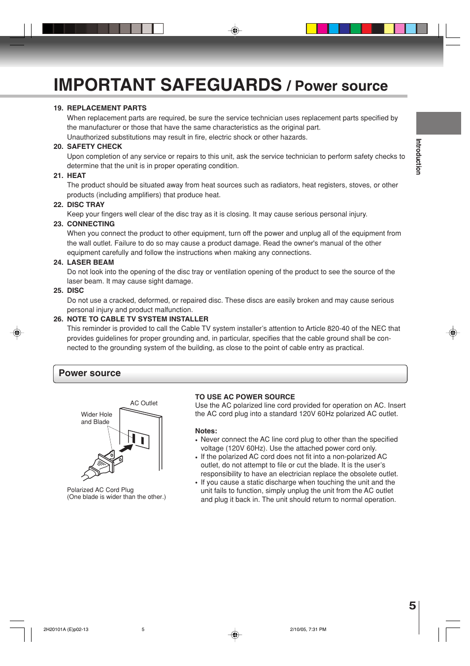 Important safeguards, Power source | Toshiba CASSETTE RECORDER SD-V393SU User Manual | Page 5 / 68