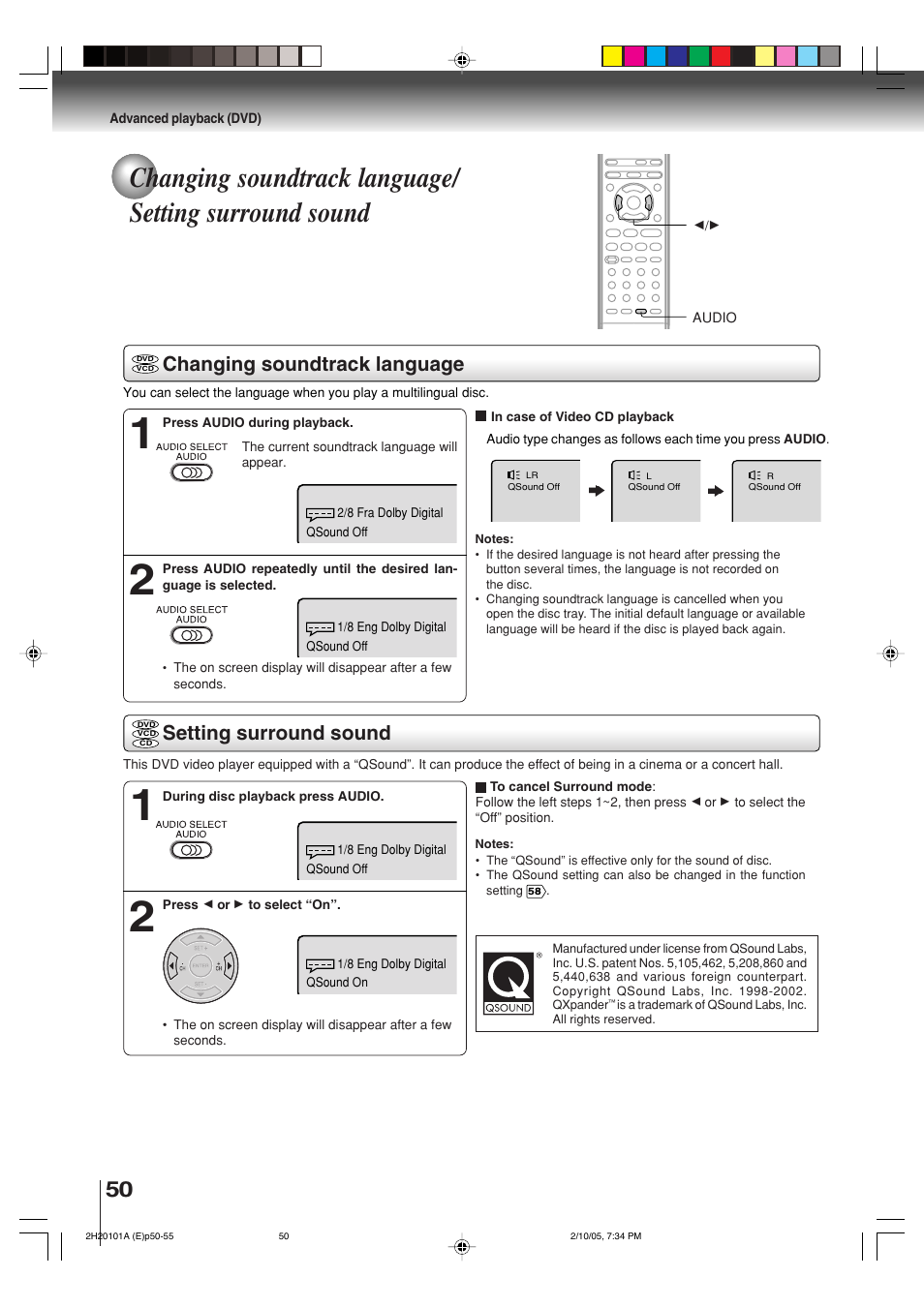 Changing soundtrack language, Setting surround sound | Toshiba CASSETTE RECORDER SD-V393SU User Manual | Page 50 / 68