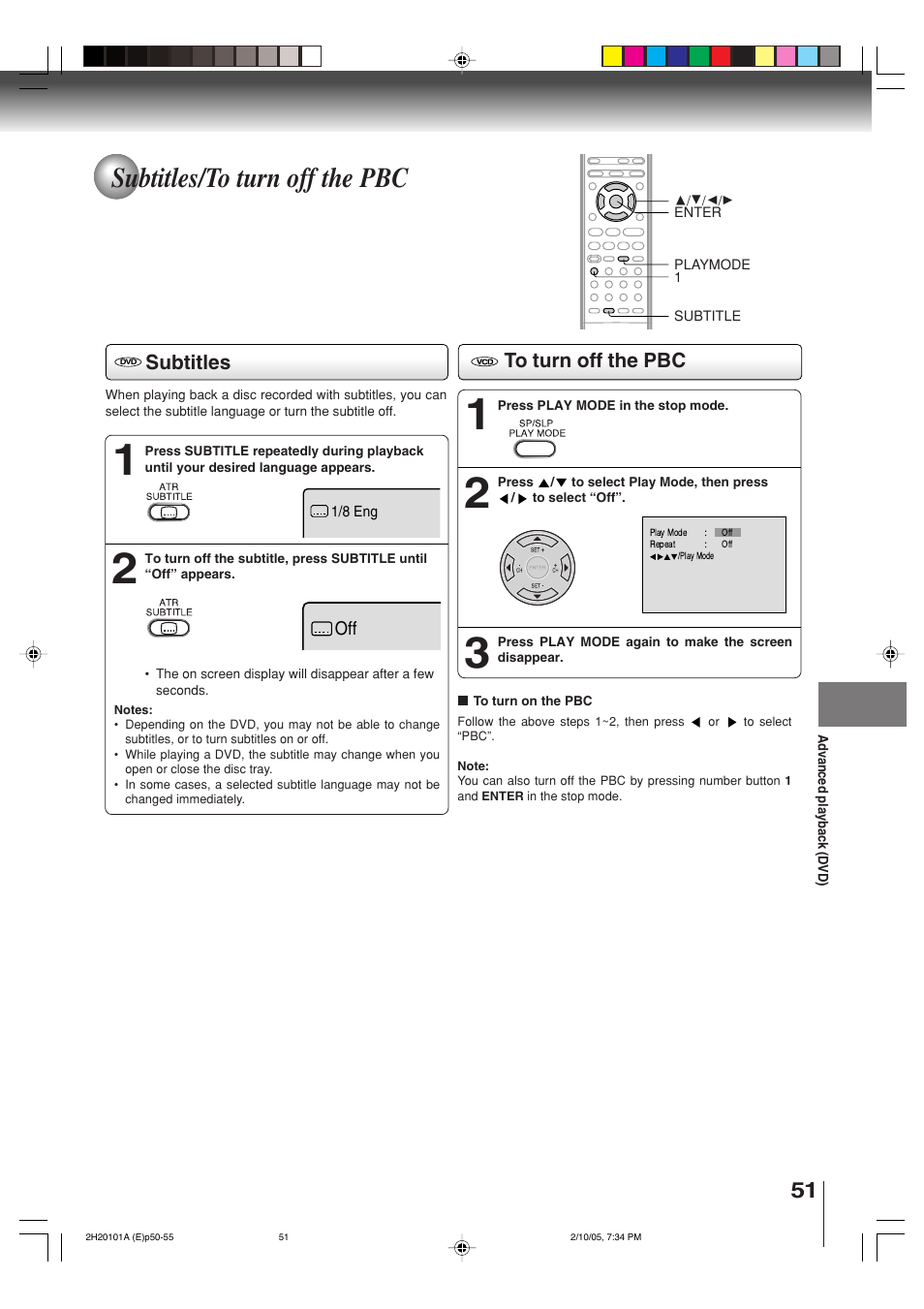 Subtitles/to turn off the pbc, Subtitles | Toshiba CASSETTE RECORDER SD-V393SU User Manual | Page 51 / 68