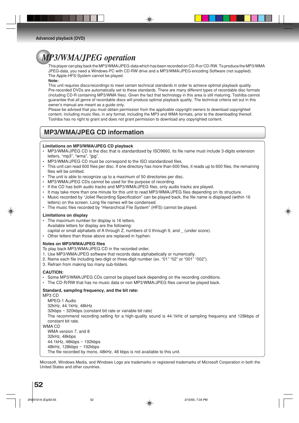 Mp3/wma/jpeg operation, Mp3/wma/jpeg cd information | Toshiba CASSETTE RECORDER SD-V393SU User Manual | Page 52 / 68