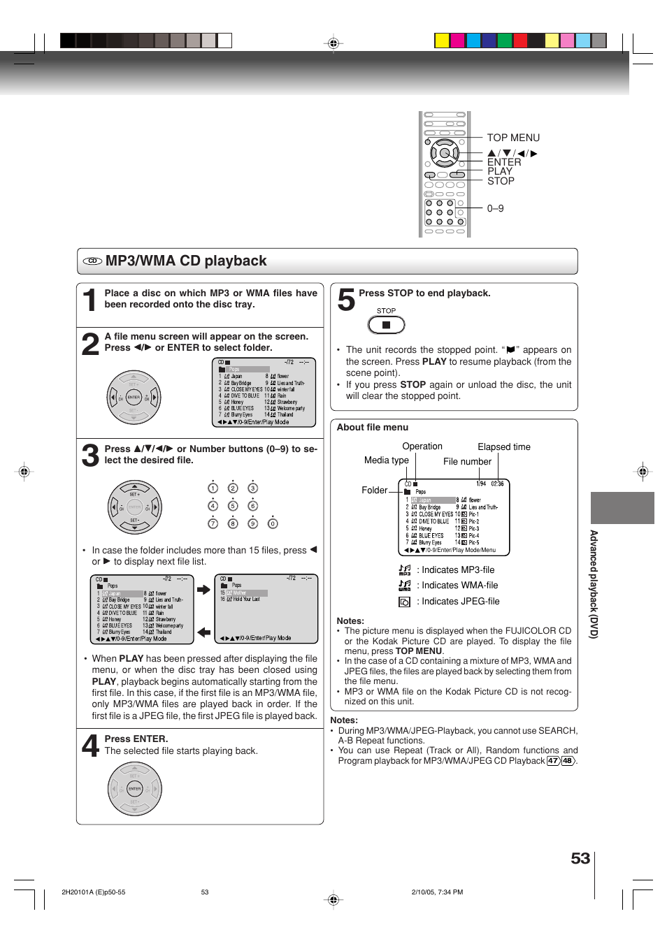 Mp3/wma cd playback | Toshiba CASSETTE RECORDER SD-V393SU User Manual | Page 53 / 68