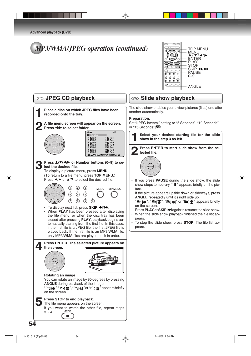 Mp3/wma/jpeg operation (continued), Jpeg cd playback, Slide show playback | Toshiba CASSETTE RECORDER SD-V393SU User Manual | Page 54 / 68