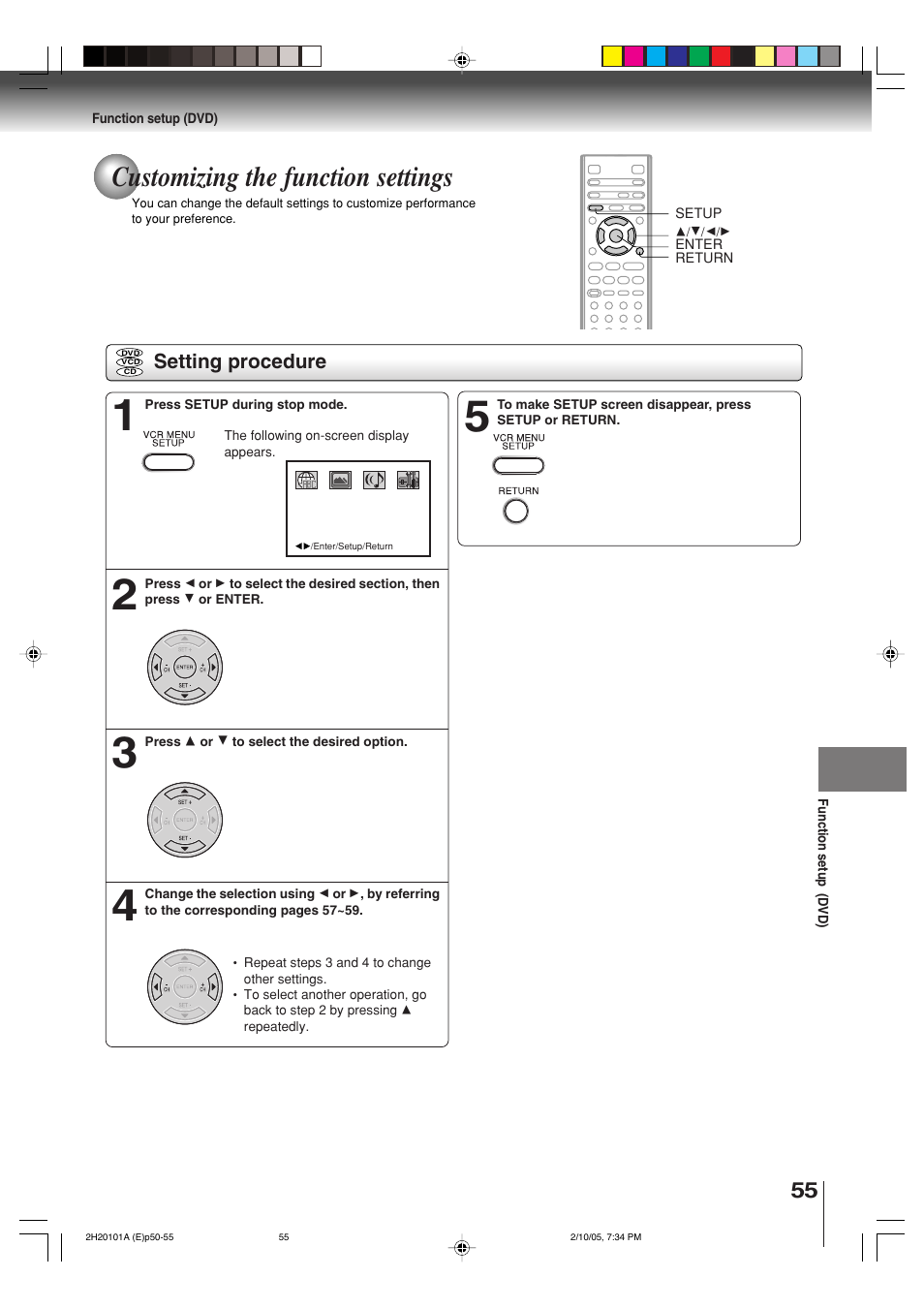 Customizing the function settings | Toshiba CASSETTE RECORDER SD-V393SU User Manual | Page 55 / 68