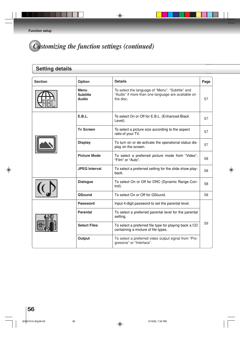 Customizing the function settings (continued), Setting details | Toshiba CASSETTE RECORDER SD-V393SU User Manual | Page 56 / 68