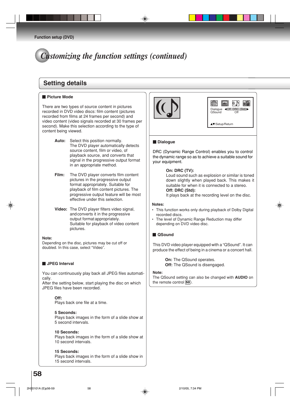 Customizing the function settings (continued), Setting details | Toshiba CASSETTE RECORDER SD-V393SU User Manual | Page 58 / 68