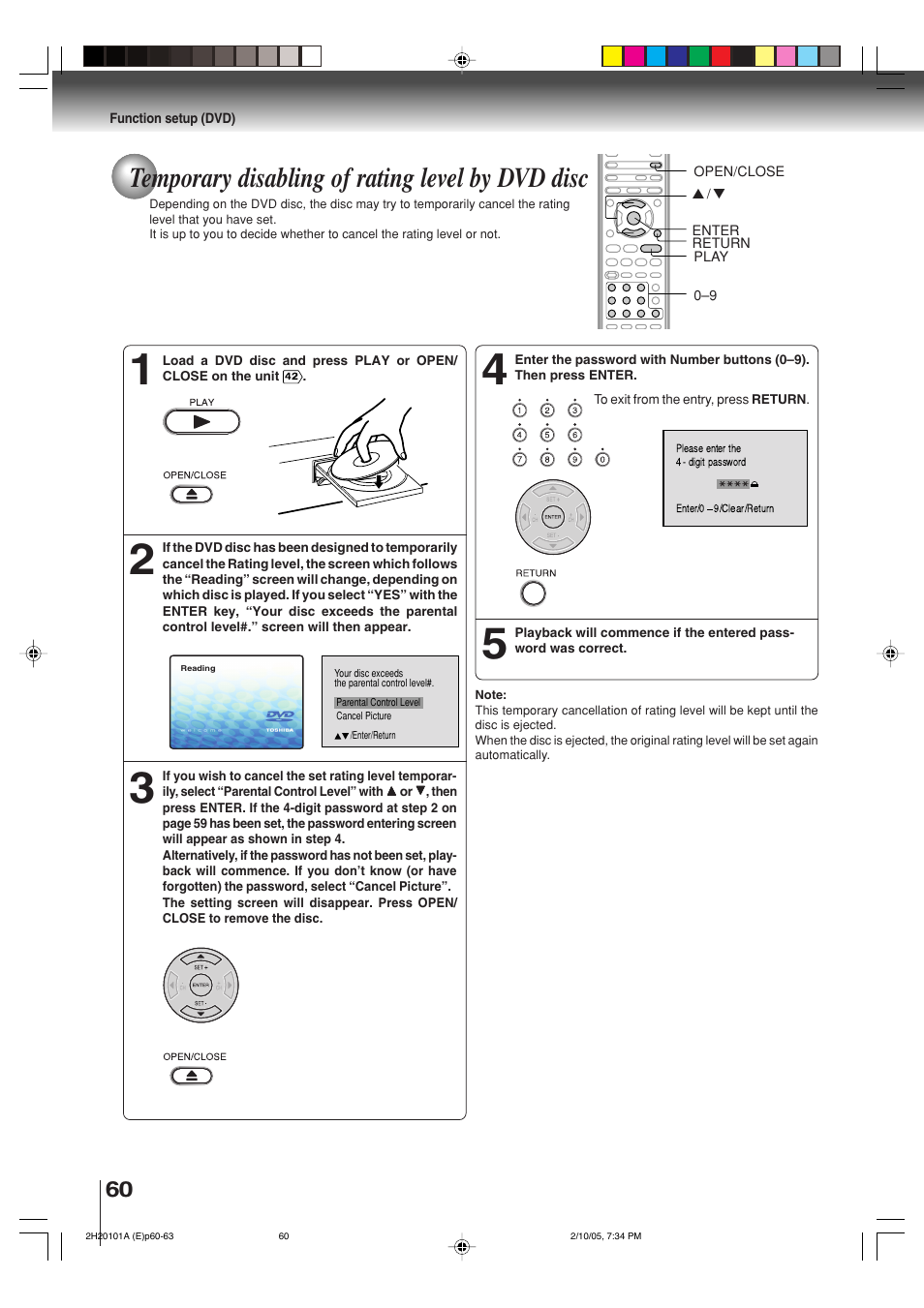 Temporary disabling of rating level by dvd disc | Toshiba CASSETTE RECORDER SD-V393SU User Manual | Page 60 / 68