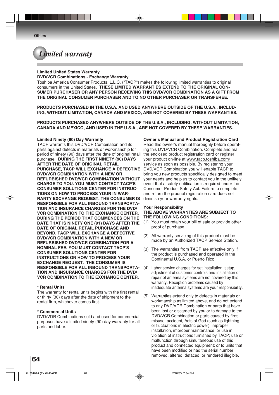 Limited warranty | Toshiba CASSETTE RECORDER SD-V393SU User Manual | Page 64 / 68