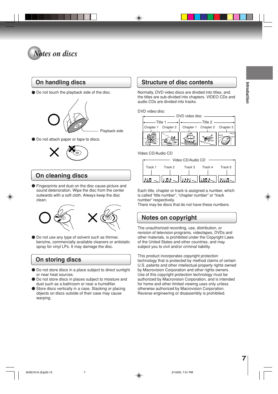 On handling discs, On cleaning discs, On storing discs | Structure of disc contents | Toshiba CASSETTE RECORDER SD-V393SU User Manual | Page 7 / 68