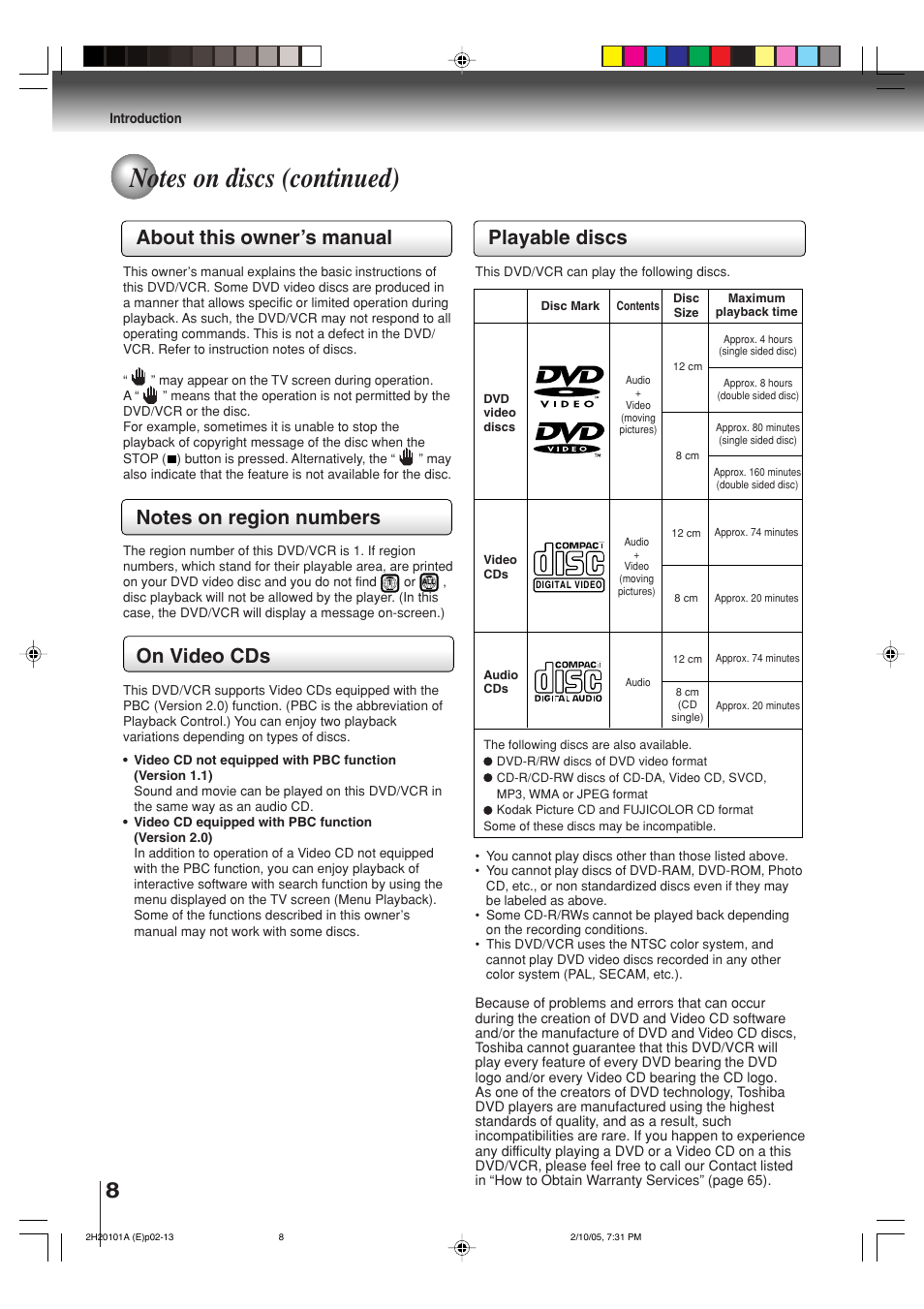 About this owner’s manual, On video cds, Playable discs | Toshiba CASSETTE RECORDER SD-V393SU User Manual | Page 8 / 68