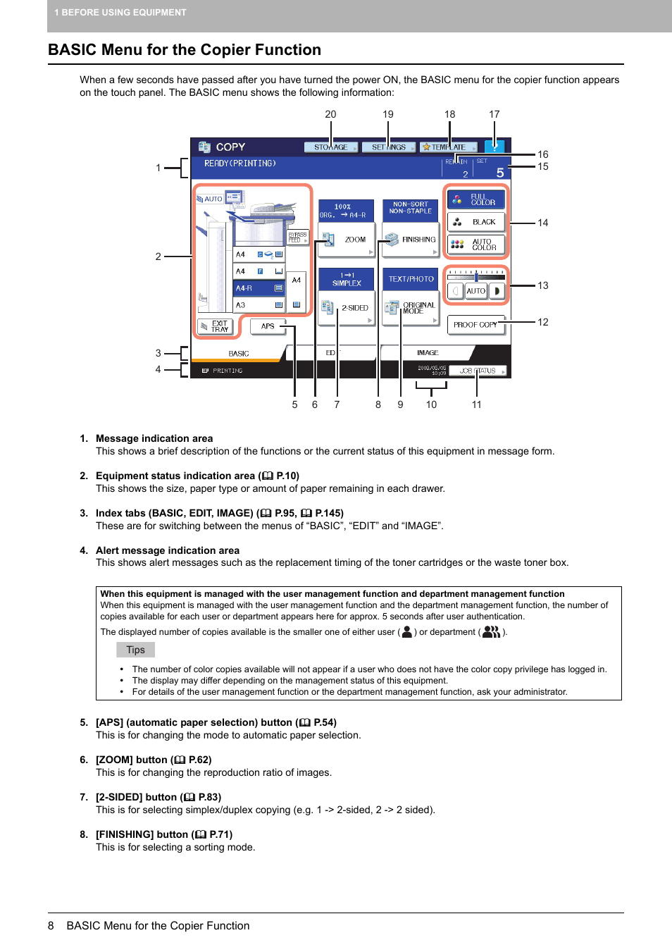 Basic menu for the copier function | Toshiba MULTIFUNCTIONAL DIGITAL COLOR SYSTEMS 6520C User Manual | Page 10 / 210