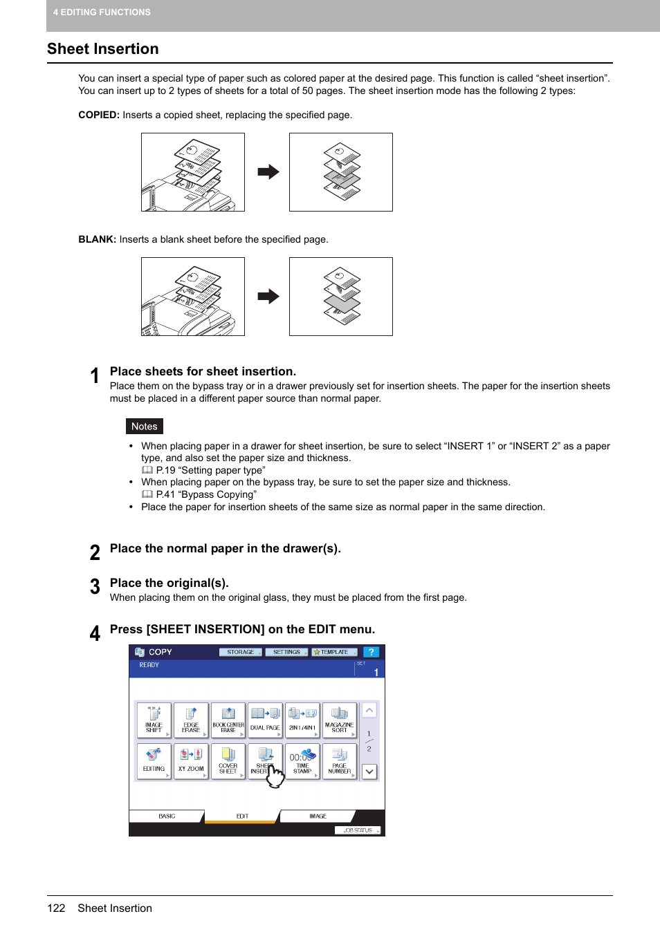Sheet insertion, P.122 “sheet insertion | Toshiba MULTIFUNCTIONAL DIGITAL COLOR SYSTEMS 6520C User Manual | Page 124 / 210