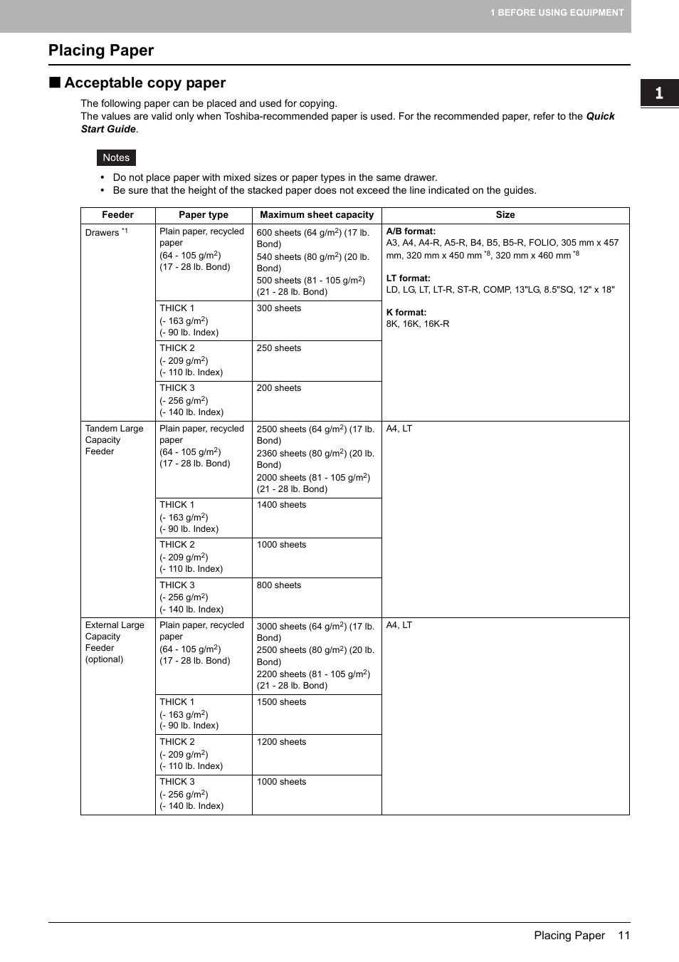 Placing paper, Acceptable copy paper, P.11 “acceptable copy paper | Toshiba MULTIFUNCTIONAL DIGITAL COLOR SYSTEMS 6520C User Manual | Page 13 / 210