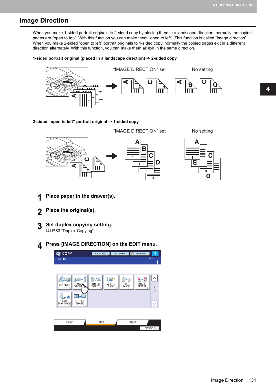 Image direction, P.131 “image direction | Toshiba MULTIFUNCTIONAL DIGITAL COLOR SYSTEMS 6520C User Manual | Page 133 / 210