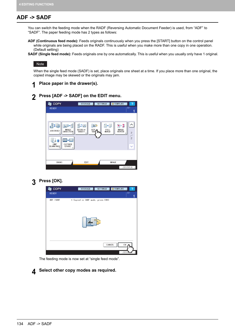 Adf -> sadf, P.134 “adf -> sadf | Toshiba MULTIFUNCTIONAL DIGITAL COLOR SYSTEMS 6520C User Manual | Page 136 / 210