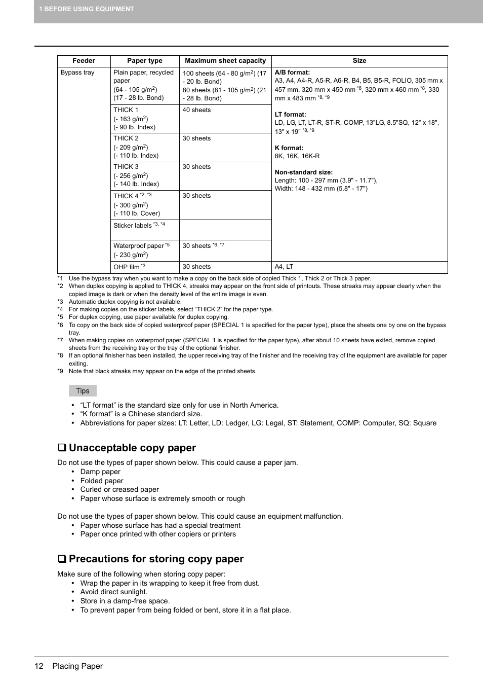 Unacceptable copy paper, Precautions for storing copy paper | Toshiba MULTIFUNCTIONAL DIGITAL COLOR SYSTEMS 6520C User Manual | Page 14 / 210
