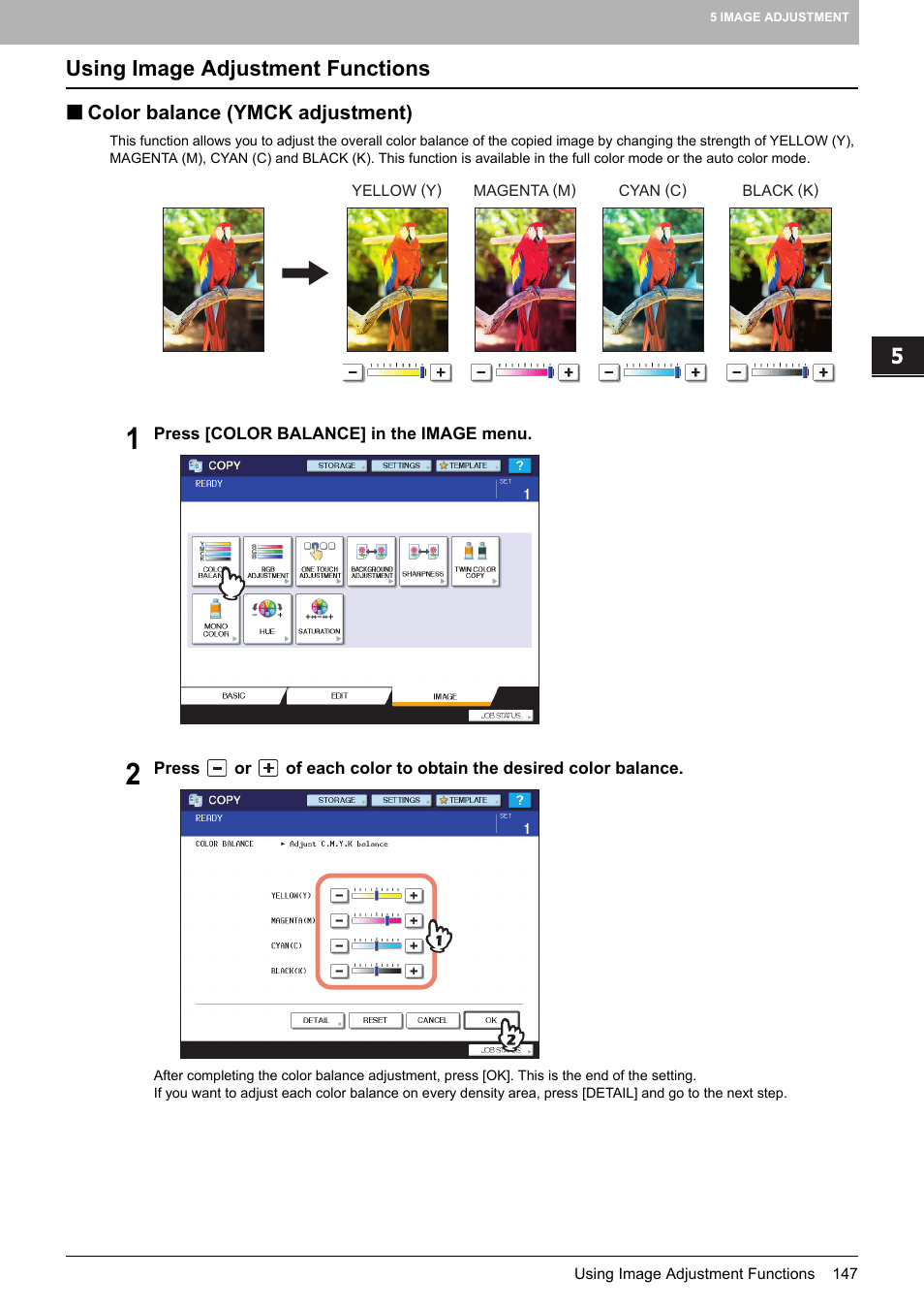 Using image adjustment functions, Color balance (ymck adjustment) | Toshiba MULTIFUNCTIONAL DIGITAL COLOR SYSTEMS 6520C User Manual | Page 149 / 210