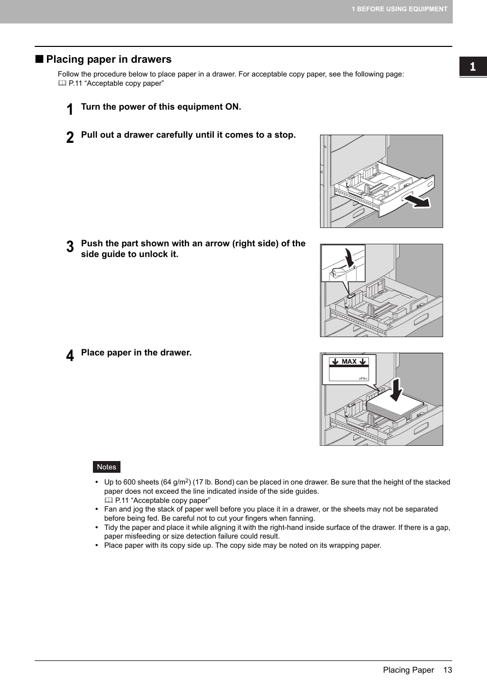 Placing paper in drawers, P.13 “placing paper in drawers | Toshiba MULTIFUNCTIONAL DIGITAL COLOR SYSTEMS 6520C User Manual | Page 15 / 210