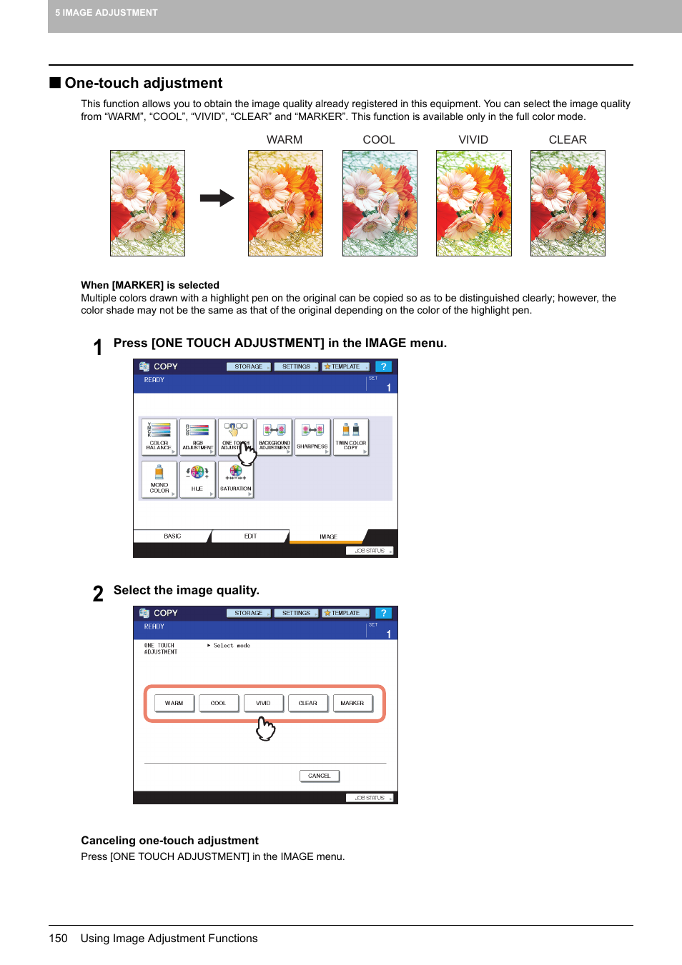 One-touch adjustment | Toshiba MULTIFUNCTIONAL DIGITAL COLOR SYSTEMS 6520C User Manual | Page 152 / 210