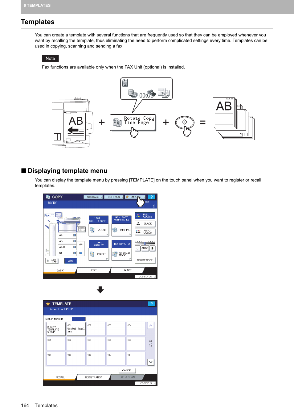 Templates, Displaying template menu | Toshiba MULTIFUNCTIONAL DIGITAL COLOR SYSTEMS 6520C User Manual | Page 166 / 210