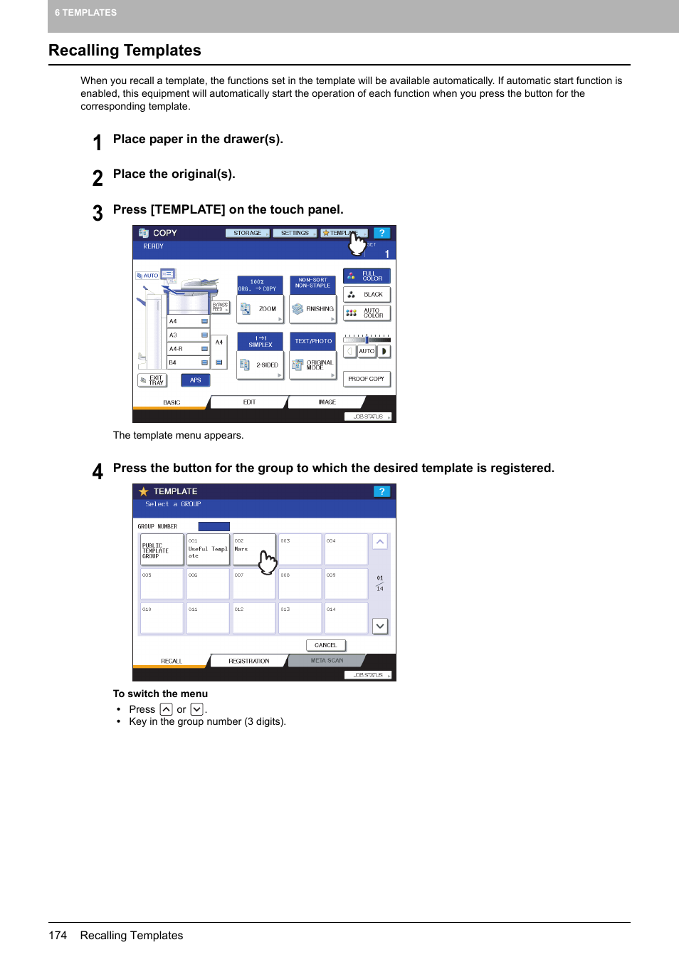 Recalling templates | Toshiba MULTIFUNCTIONAL DIGITAL COLOR SYSTEMS 6520C User Manual | Page 176 / 210