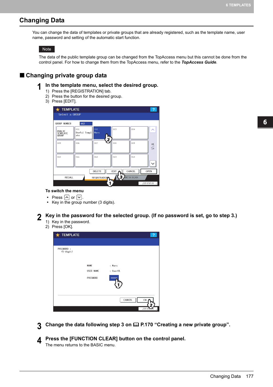 Changing data, Changing private group data | Toshiba MULTIFUNCTIONAL DIGITAL COLOR SYSTEMS 6520C User Manual | Page 179 / 210