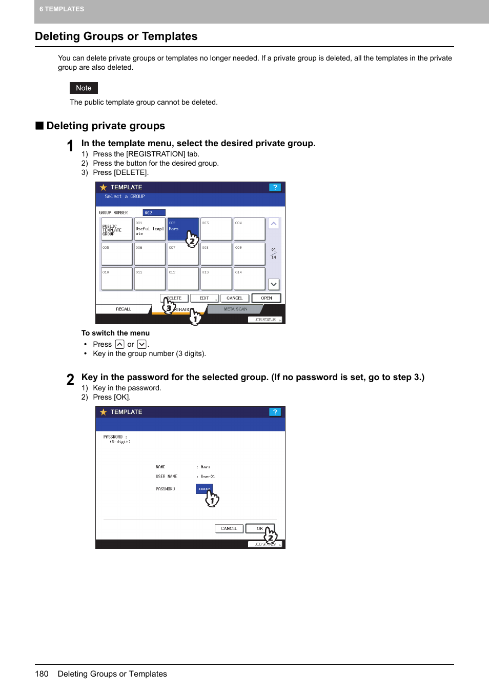 Deleting groups or templates, Deleting private groups | Toshiba MULTIFUNCTIONAL DIGITAL COLOR SYSTEMS 6520C User Manual | Page 182 / 210