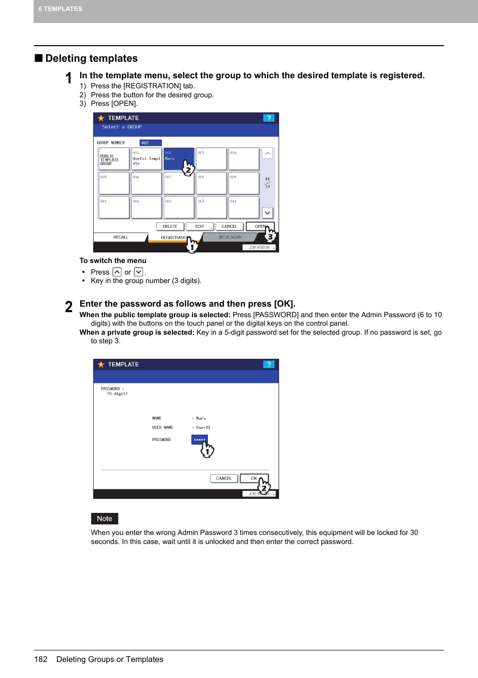 Deleting templates | Toshiba MULTIFUNCTIONAL DIGITAL COLOR SYSTEMS 6520C User Manual | Page 184 / 210