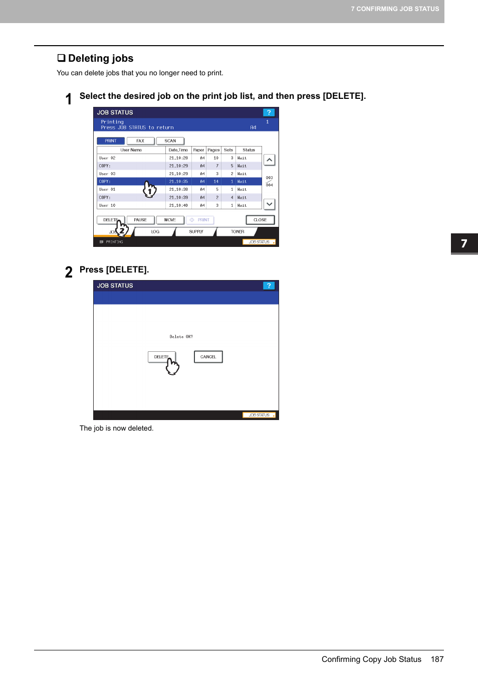 Deleting jobs | Toshiba MULTIFUNCTIONAL DIGITAL COLOR SYSTEMS 6520C User Manual | Page 189 / 210