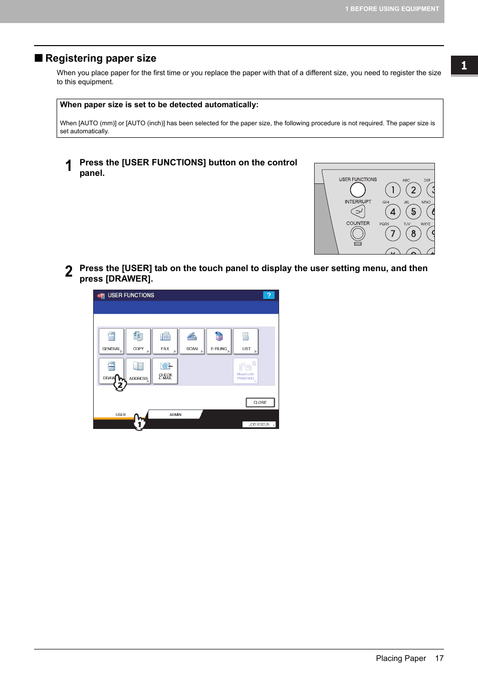 Registering paper size, P.17 “registering paper size | Toshiba MULTIFUNCTIONAL DIGITAL COLOR SYSTEMS 6520C User Manual | Page 19 / 210