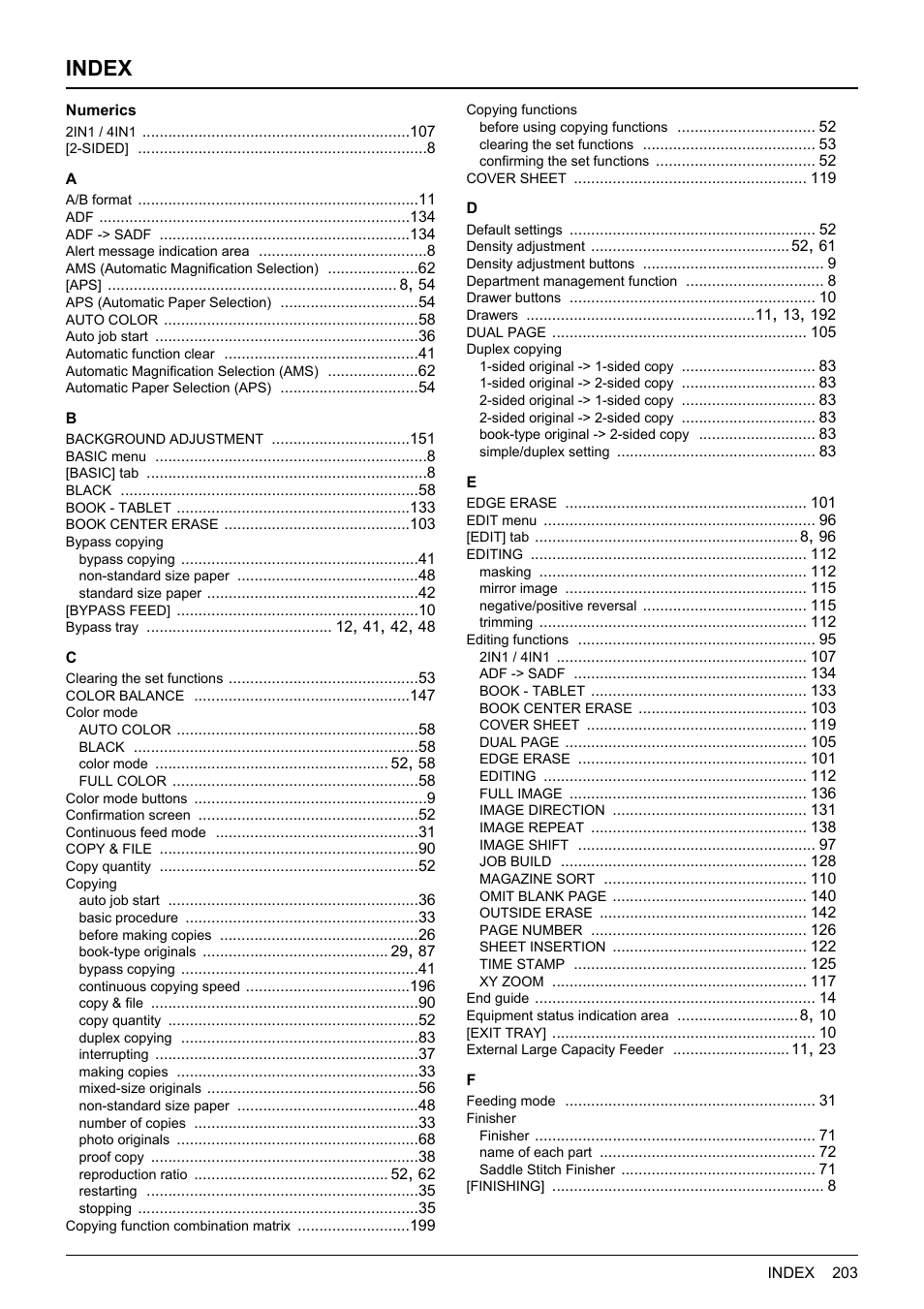 Index | Toshiba MULTIFUNCTIONAL DIGITAL COLOR SYSTEMS 6520C User Manual | Page 205 / 210