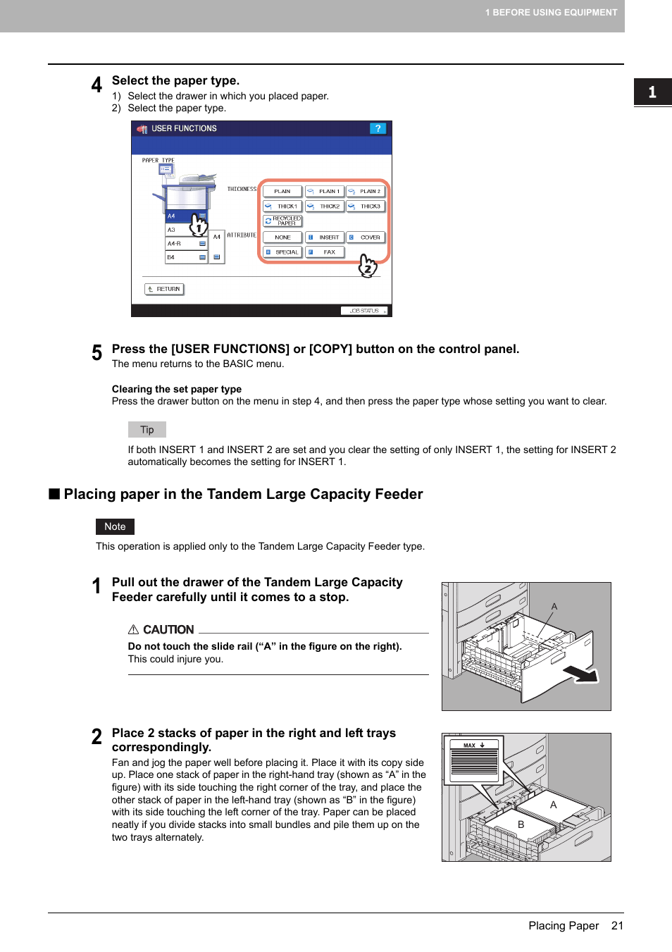 Placing paper in the tandem large capacity feeder | Toshiba MULTIFUNCTIONAL DIGITAL COLOR SYSTEMS 6520C User Manual | Page 23 / 210