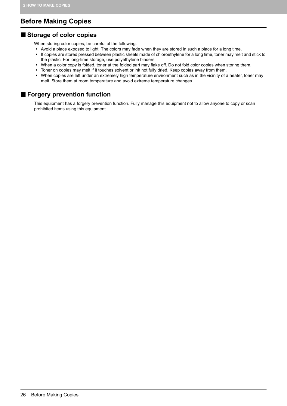 Before making copies, Storage of color copies, Forgery prevention function | Toshiba MULTIFUNCTIONAL DIGITAL COLOR SYSTEMS 6520C User Manual | Page 28 / 210