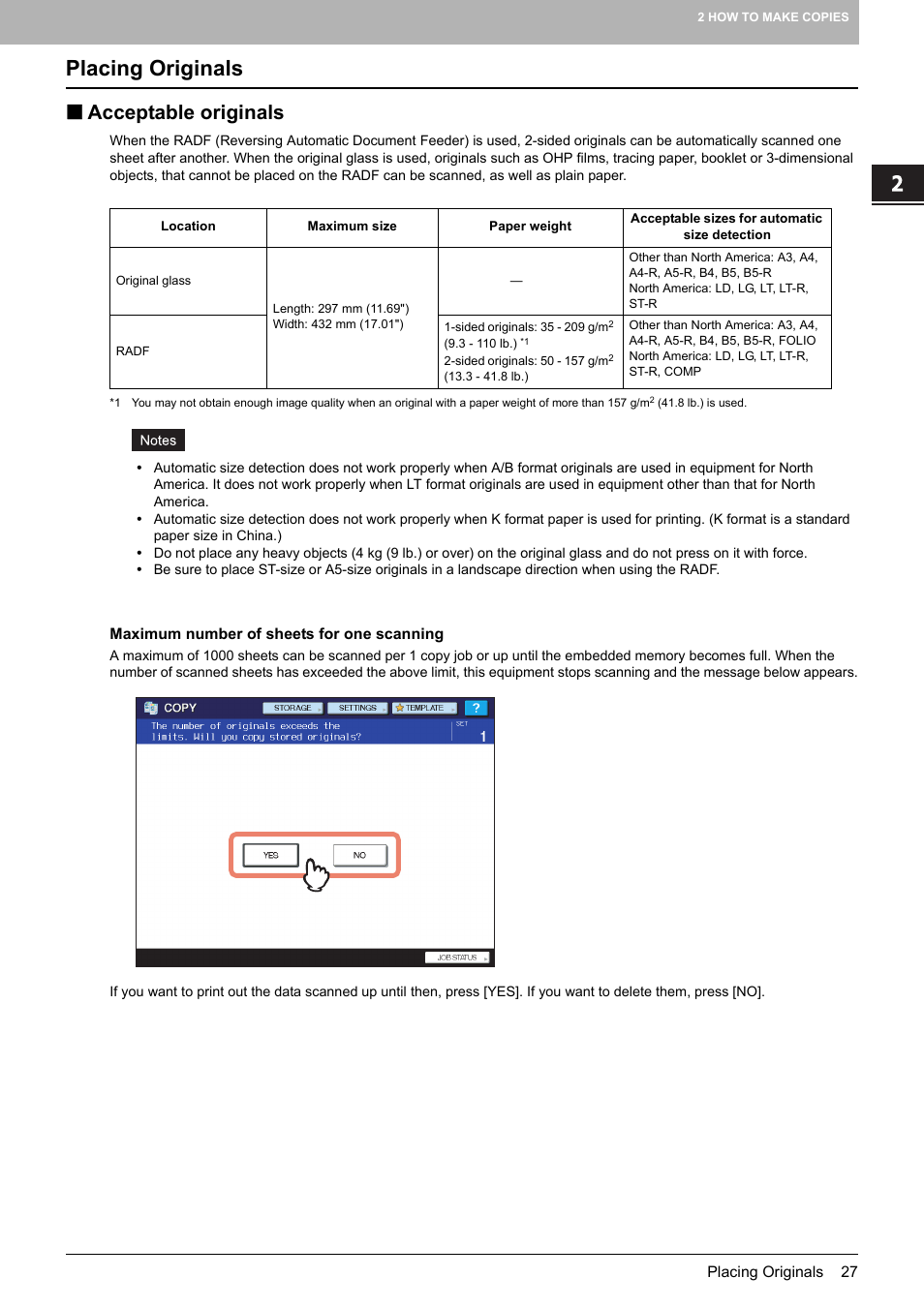Placing originals, Acceptable originals | Toshiba MULTIFUNCTIONAL DIGITAL COLOR SYSTEMS 6520C User Manual | Page 29 / 210