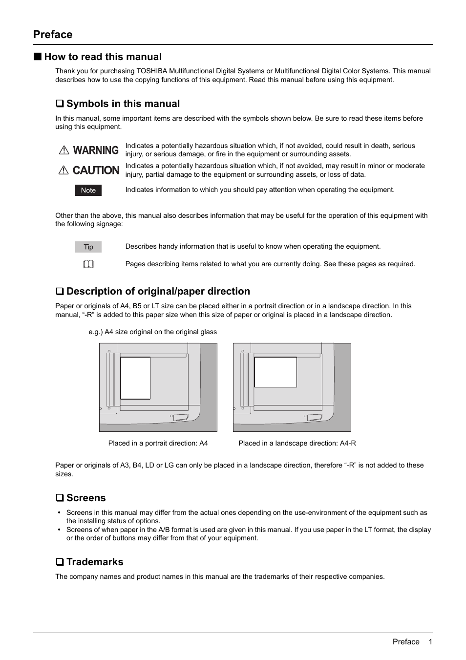 Preface, How to read this manual, Symbols in this manual | Description of original/paper direction, Screens, Trademarks | Toshiba MULTIFUNCTIONAL DIGITAL COLOR SYSTEMS 6520C User Manual | Page 3 / 210